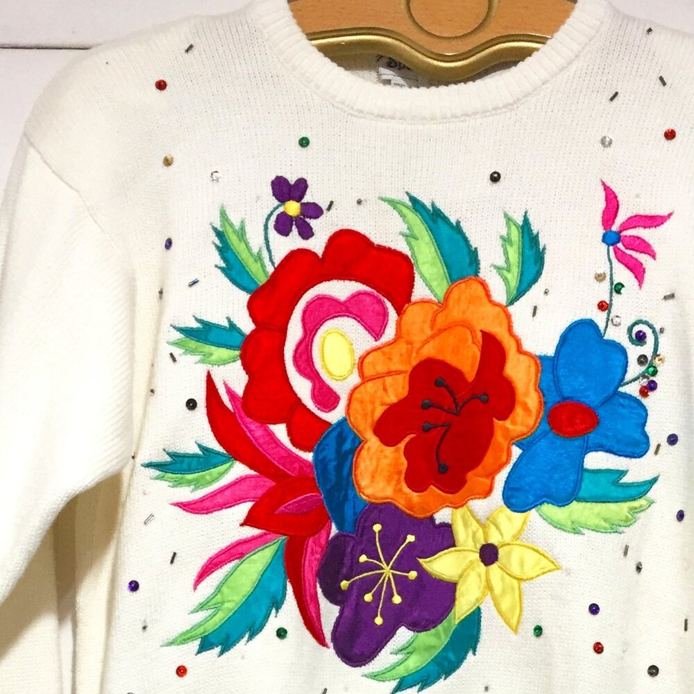 VINTAGE SPANNER IMPORTS KNIT FLORAL PATCHWORK SWEATERS SIZE S